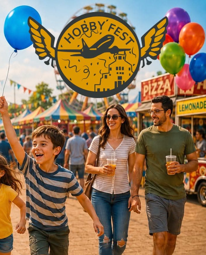 Families walking between food stalls and carnival tents at HobbyFest